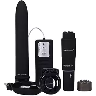 Doc Johnson Black Magic - Pleasure Kit - 7 Inch Vibe, Bullet Vibe, Pocket Rocket, Vibrating C-Ring - Black