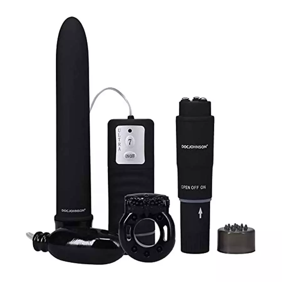 Doc Johnson Black Magic - Pleasure Kit - 7 Inch Vibe, Bullet Vibe, Pocket Rocket, Vibrating C-Ring - Black Doc Johnson Black Magic - Pleasure Kit - 7 Inch Vibe, Bullet Vibe, Pocket Rocket, Vibrating C-Ring - Black