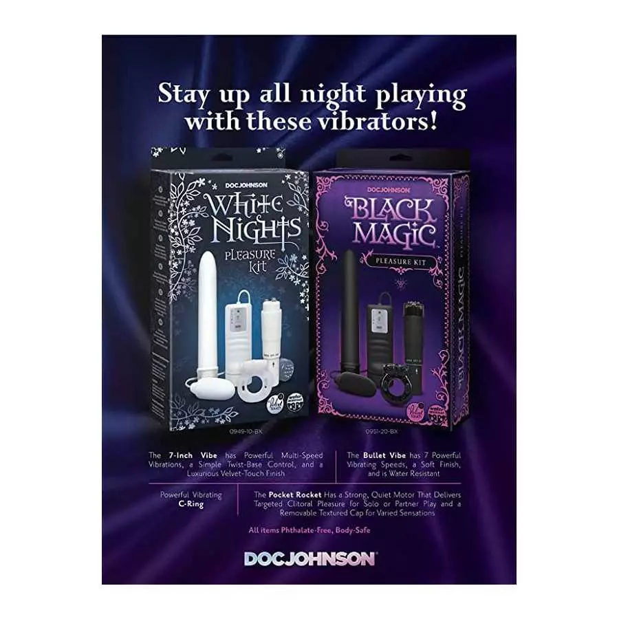 Doc Johnson Black Magic - Pleasure Kit - 7 Inch Vibe, Bullet Vibe, Pocket Rocket, Vibrating C-Ring - Black