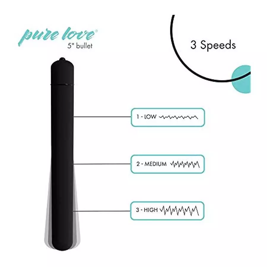 Pure Love 5 Inch, Long Lasting Soft Coat Vibrating Bullet, Black Color, 3 Speed and Waterproof with Simple One Button Speed Cont