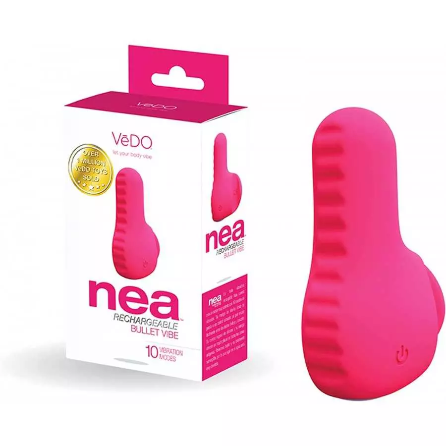 VeDO NEA Rechargeable 10 Function Bullet Finger Vibe, Ribbed Body Easy Grip Sextoy for Women (Foxy Pink)