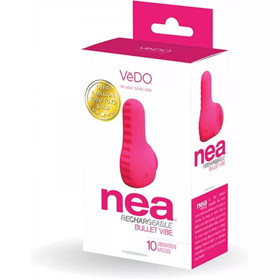 VeDO NEA Rechargeable 10 Function Bullet Finger Vibe, Ribbed Body Easy Grip Sextoy for Women (Foxy Pink)