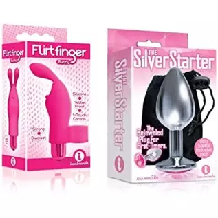 Sexy Gift Set Bundle of Flirt Finger Bunny, Finger Vibrator, Pink and Icon Brands The Silver Starter, Bejeweled Stainless Steel 
