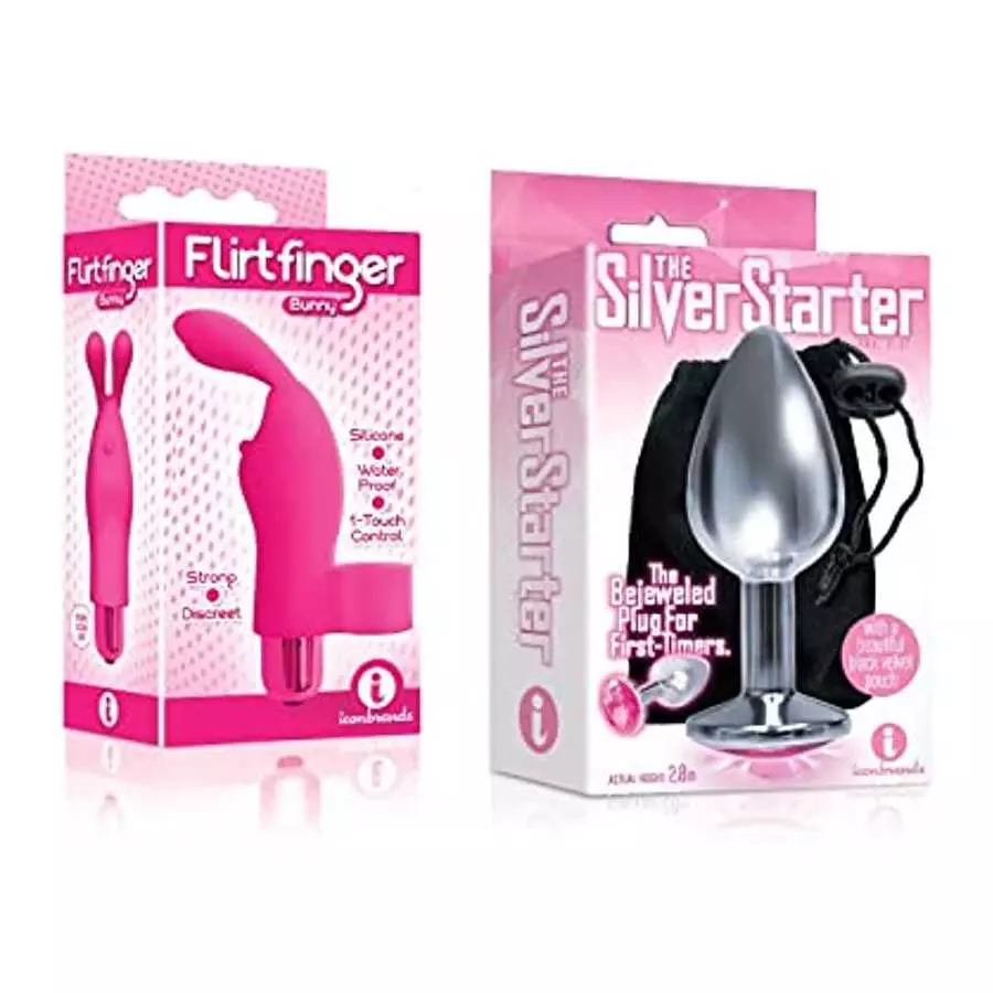 Sexy Gift Set Bundle of Flirt Finger Bunny, Finger Vibrator, Pink and Icon Brands The Silver Starter, Bejeweled Stainless Steel 