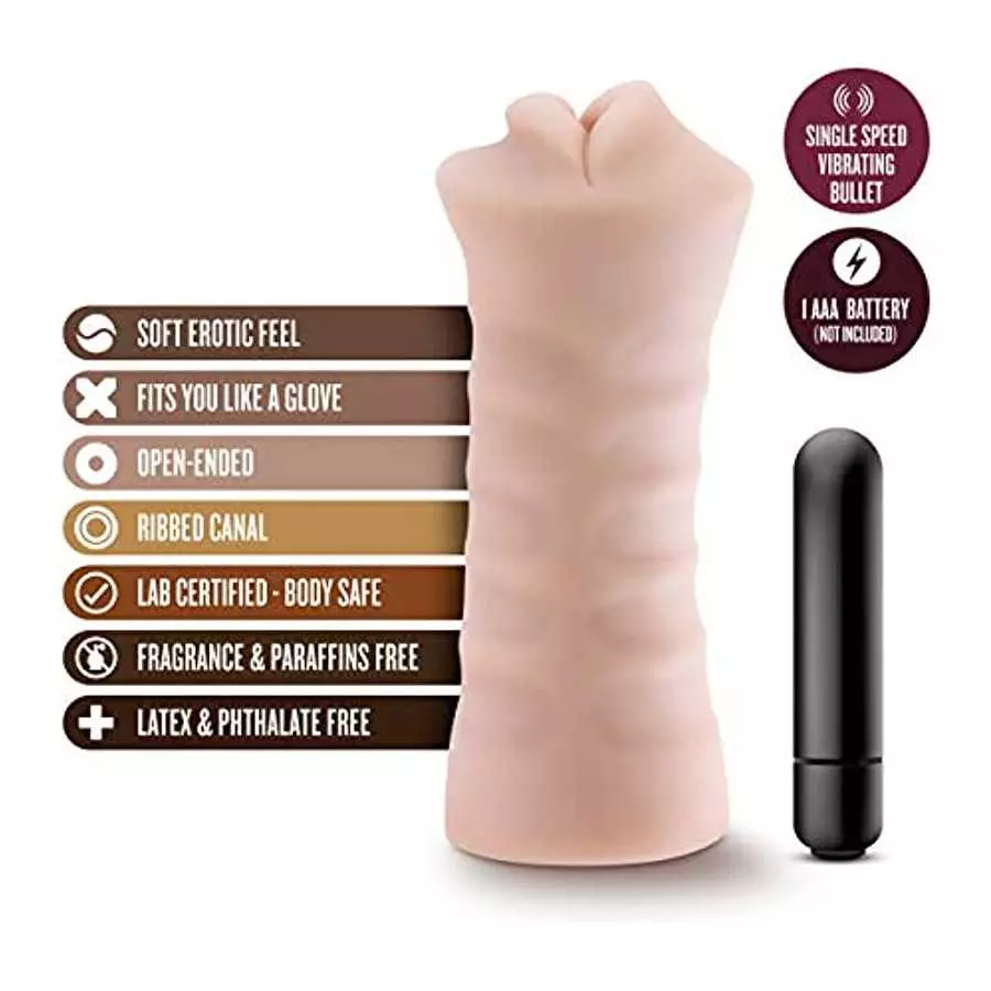 Blush M for Men Angie - Realistic Ribbed Open Ended Masturbator Stroker - One Speed Battery Powered Waterproof Bullet Vibrator -