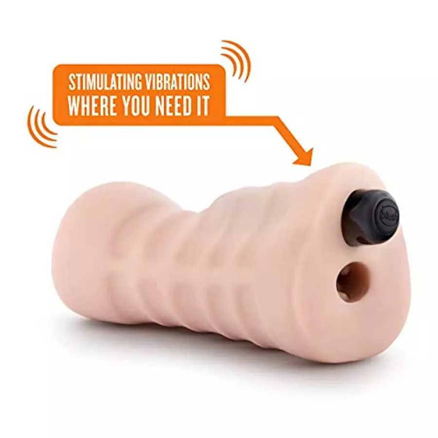 Blush M for Men Angie - Realistic Ribbed Open Ended Masturbator Stroker - One Speed Battery Powered Waterproof Bullet Vibrator -