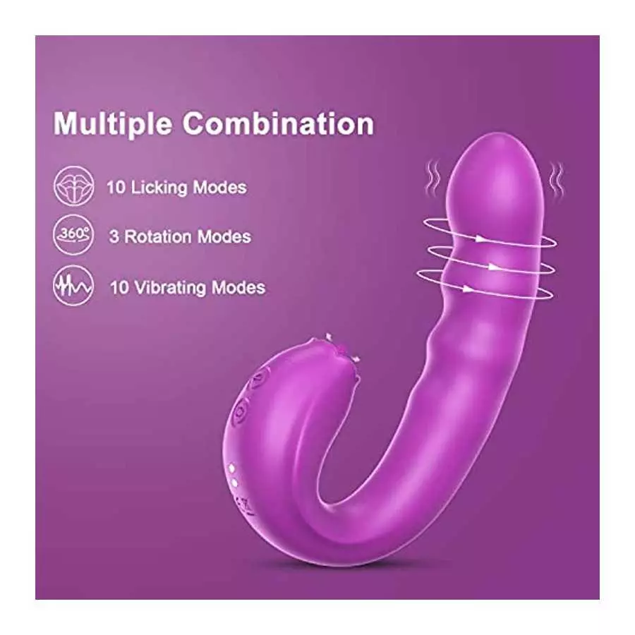 Clitoral Licking Rotating G Spot Vibrator, 3 in 1 Clit Tongue Dildo Vaginal Vibrating Stimulator with 10 Modes, Anal Breast Nipp