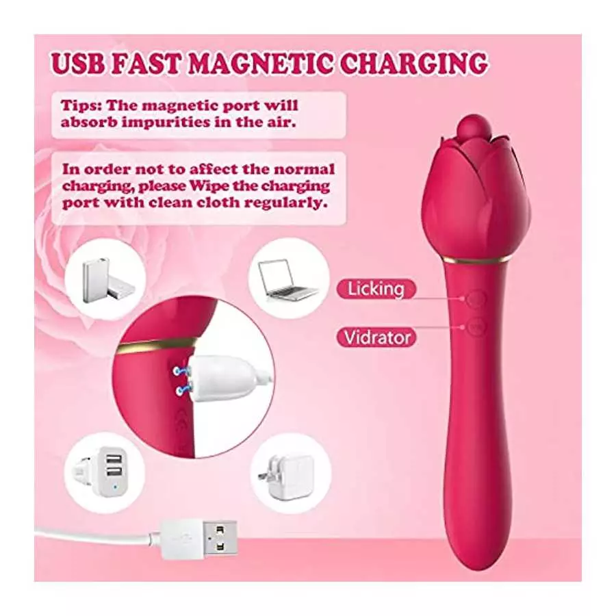 Upgraded Rose Toys Clitoral Licking G Spot Vibrators for Women Clit Nipple Dildo Vibrators Clitoris Stimulator with 5 Licker Pat