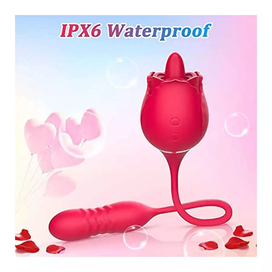 Rose Sex Stimulator for Women, 3 in 1 Clitoral Stimulator Tongue Licking Thrusting G Spot Dildo Vibrator with Butt Plug, Rose To