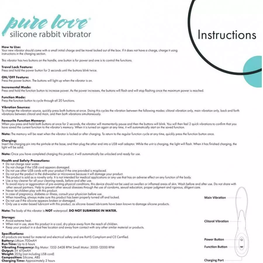 Pure Love G-Spot Silicone Rabbit Vibrator Purple, Rechargeable Clitoris Stimulator, Water-Resistant and Multi Function, Adult Se