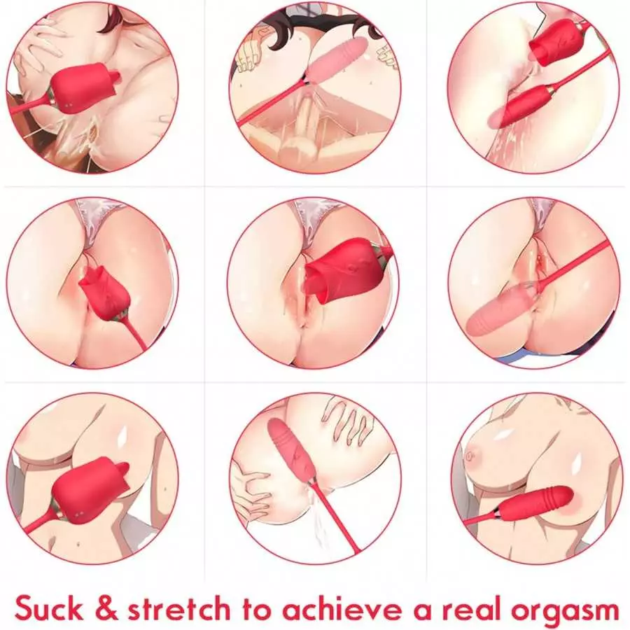 Rose Toy Vibrator for Women, Nipple Clitoral Stimulator Rose Toy, Thrusting Dildo Tongue Licking Vibrator with 9 Modes, Clitoris
