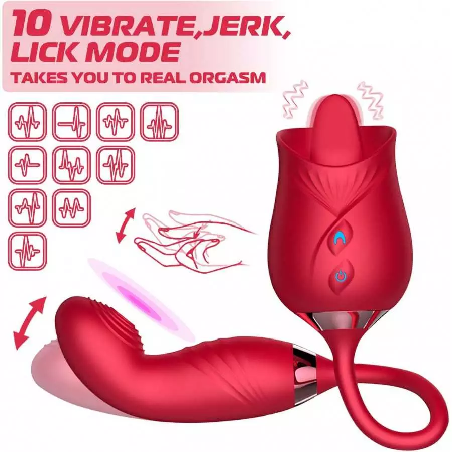 Rose Sex Stimulator For Women - 3 in 1 Dildo G Spot Thrusting Toys For Woman Sex Squirting with Tongue Licker,10 Modes Vibrator 