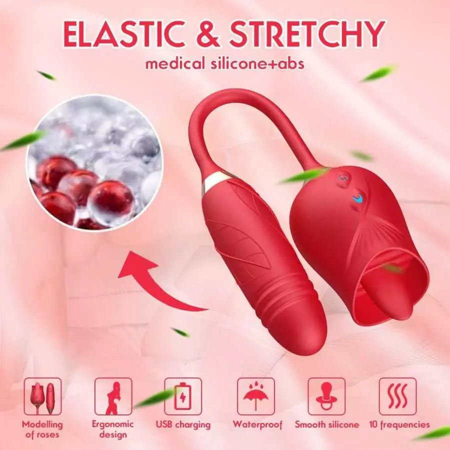 Rose Sexual Toy Vibrator for Woman - 3 in 1 Clitoral Stimulator Tongue Licking Thrusting Dildo Vibrator with 10 Modes,Rose Adult