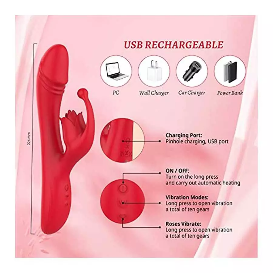 Rabbit Vibrator Clitoral Dildo with Heating, PUWCBZE Rose Toy G-Spot & Clitoris Stimulator, 10 Vibration Modes & Flapping Sex To