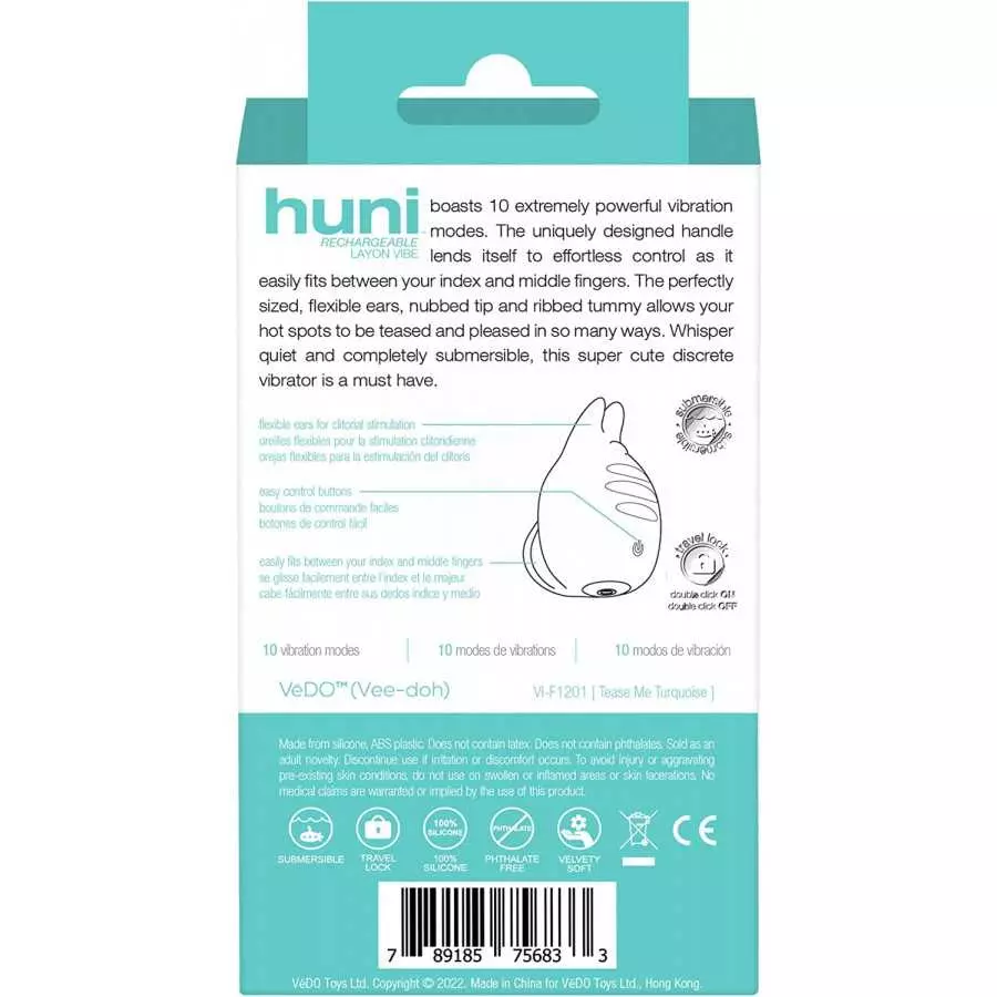 VeDO HUNI Rechargeable Lay-On Clitoral Vibrator Adult Sextoy for Women (Tease Me Turquoise)