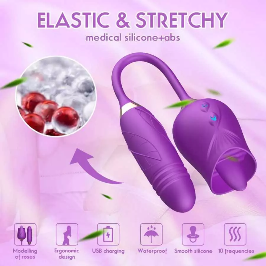 Rose Toy Vibrator for Woman - 3 in 1 Clitoral Stimulator Tongue Licking Thrusting Vibrator with 10 Modes, Rose Adult Sex Toys Ga