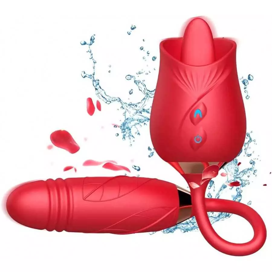 Rose Toy Vibrator for Woman - 3 in 1 Rose Sex Stimulator Clitoral Tongue Licking Thrusting G Spot Dildo Vibrator with 9 Modes, R