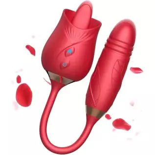 Rose Toy Vibrator for Woman - 3 in 1 Rose Sex Stimulator Clitoral Tongue Licking Thrusting G Spot Dildo Vibrator with 9 Modes, R