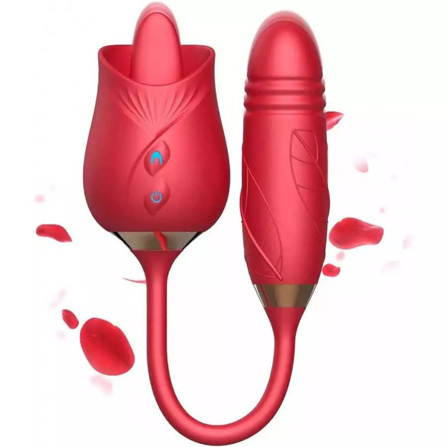 Rose Toy Vibrator for Woman - 3 in 1 Rose Sex Stimulator Clitoral Tongue Licking Thrusting G Spot Dildo Vibrator with 9 Modes, R