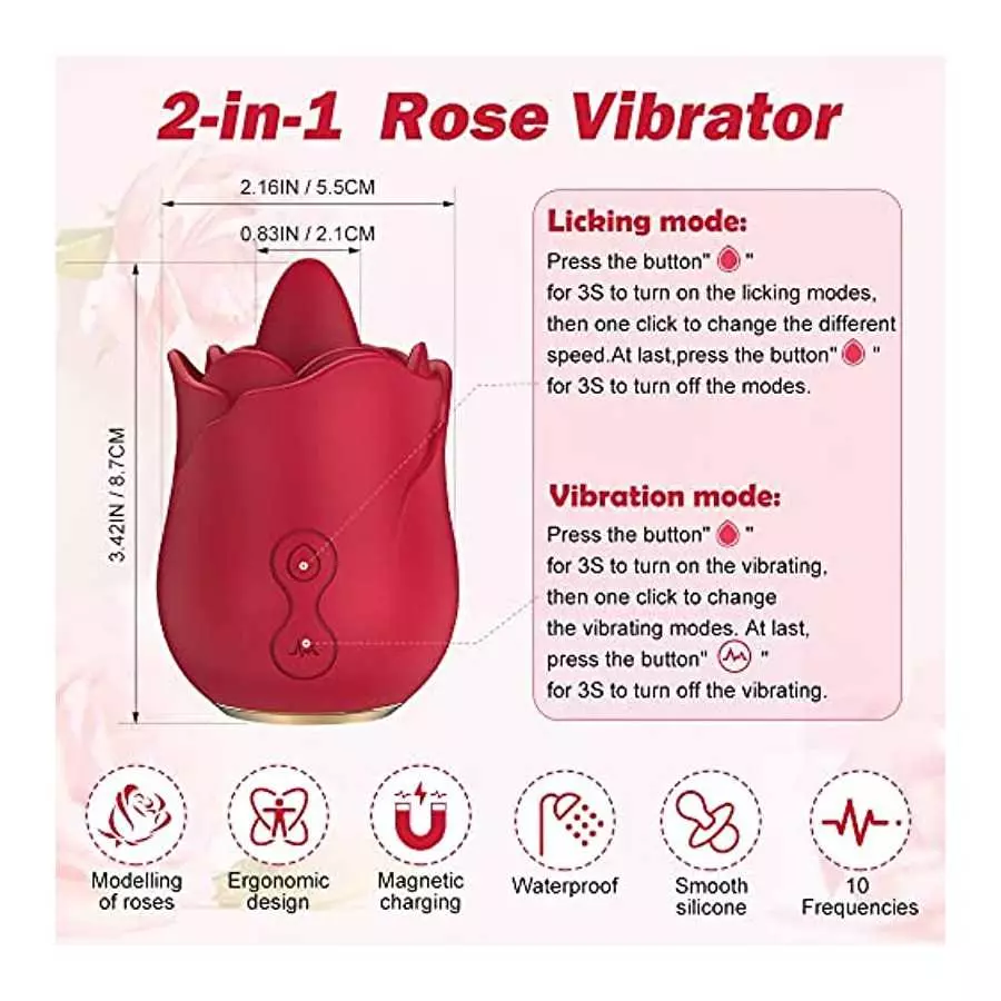 Rose Toy Vibrator for Women, with 10 Vibrating Pleasure for Clitoris & Nipple Stimulation, Tongue Licking Mini Clitoral Vibrator