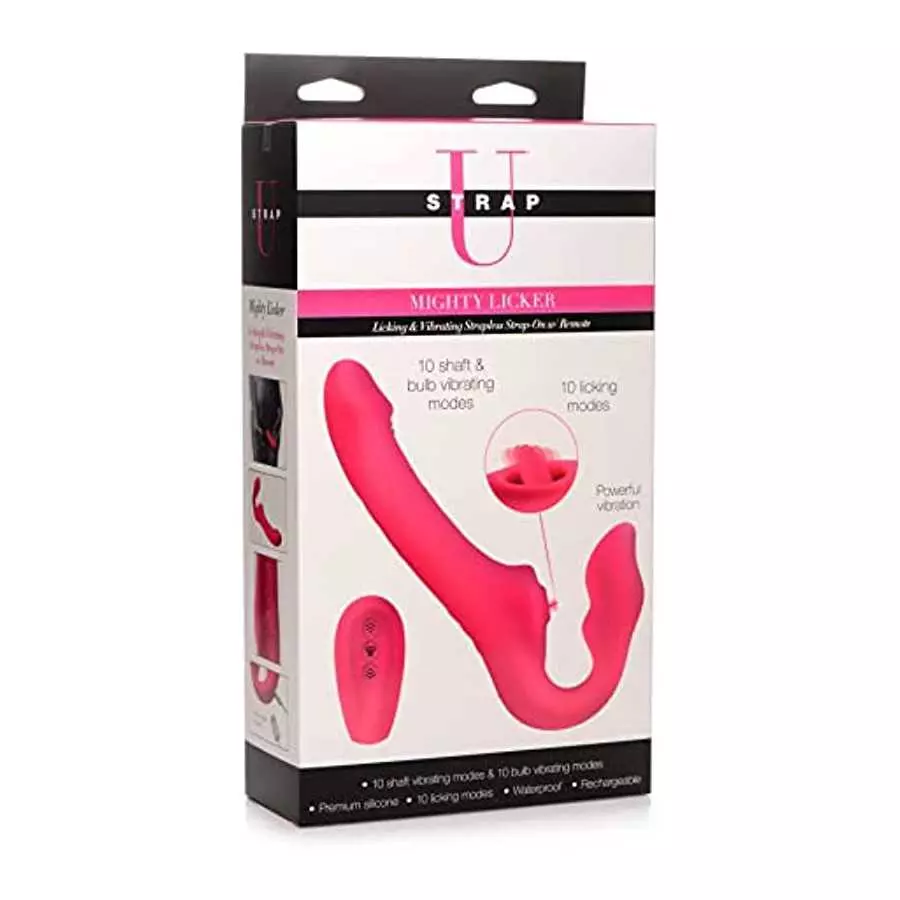 Strap U Mighty Licker 10X Premium Silicone Strapless Dildo with Licking & Vibrating Shaft Remote Control for Pegging Men Women C