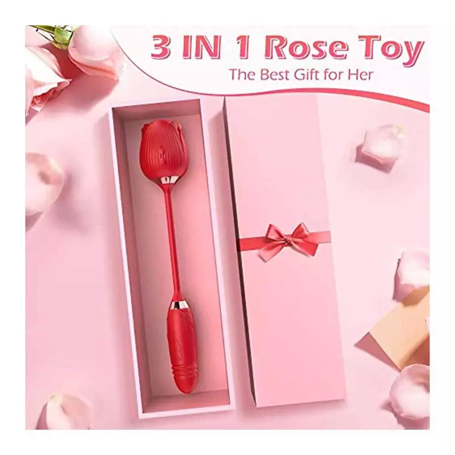 Rose Toy Vibrator, 3 in 1 Rose Sex Stimulator for Women with 10 Thrusting Vibrating & Licking Modes, Sexual Pleasure Tools for W