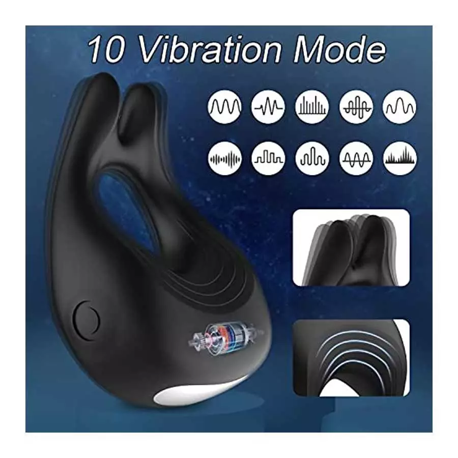 Vibrating Penis Rings with 10 Vibration Modes for Clitoris & Testicles Stimulation, Rabbit Design Silicone Cock Ring Male Toy, R