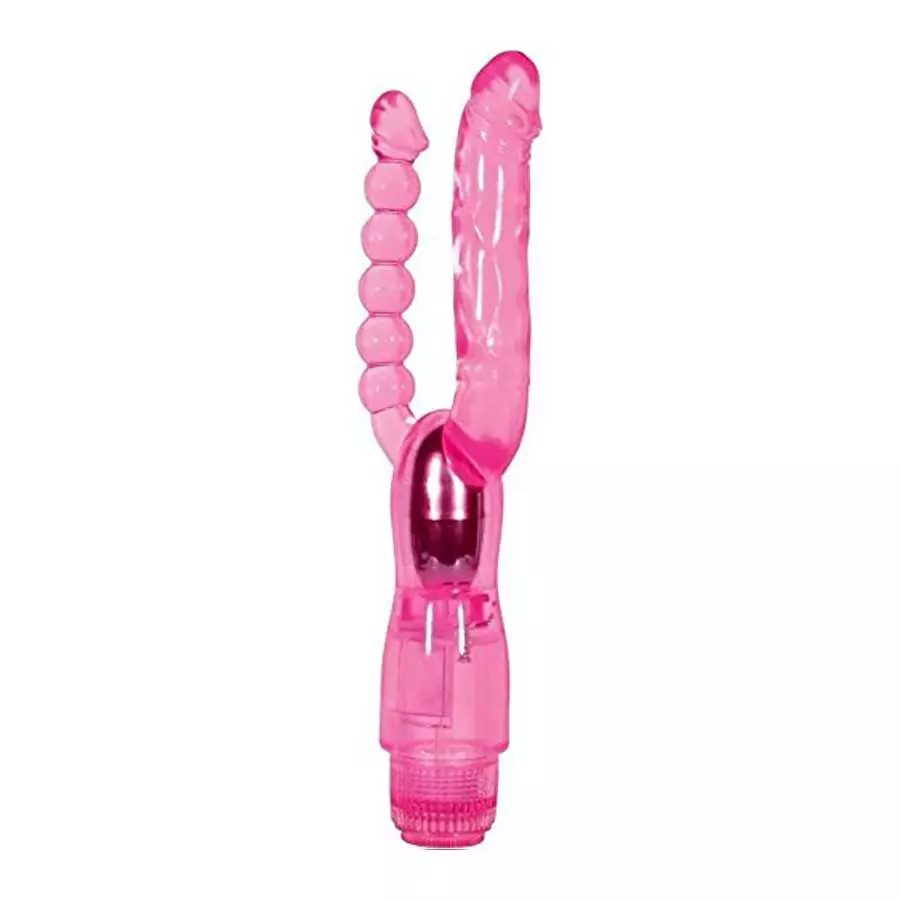 Adam & Eve Dual Pleasure Vibrator, Pink | TPR Jelly Vaginal Vibrator and Anal Beads | Multi-Speed Waterproof Double Penetration 