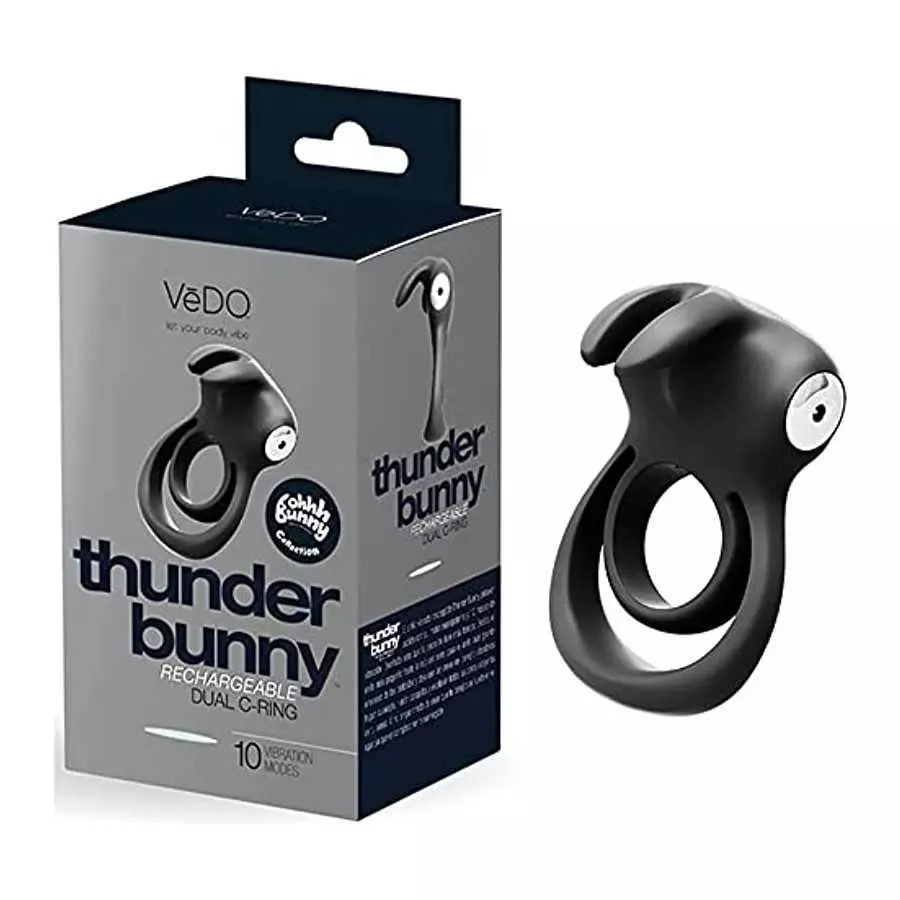 VeDO Thunder Bunny Rechargeable Vibrating Couples C-Ring, Clitoral Stimulation (Black Pearl)