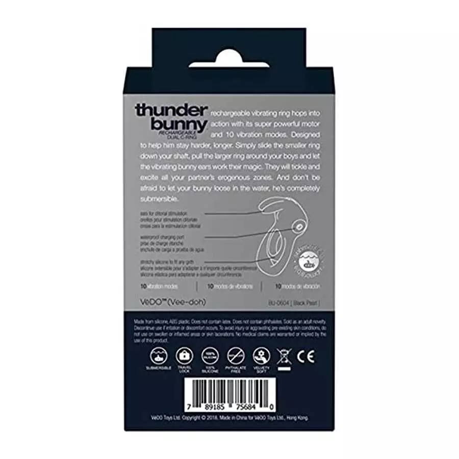 VeDO Thunder Bunny Rechargeable Vibrating Couples C-Ring, Clitoral Stimulation (Black Pearl)