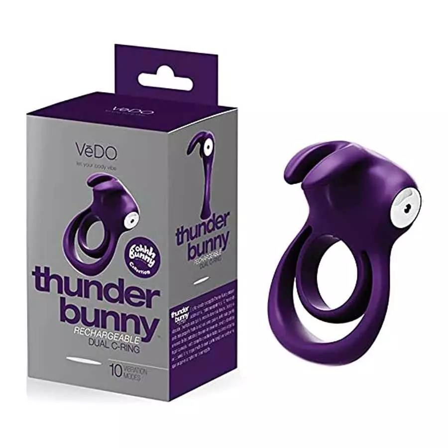 VeDO Thunder Bunny Rechargeable Vibrating Couples C-Ring, Clitoral Stimulation (Deep Purple)