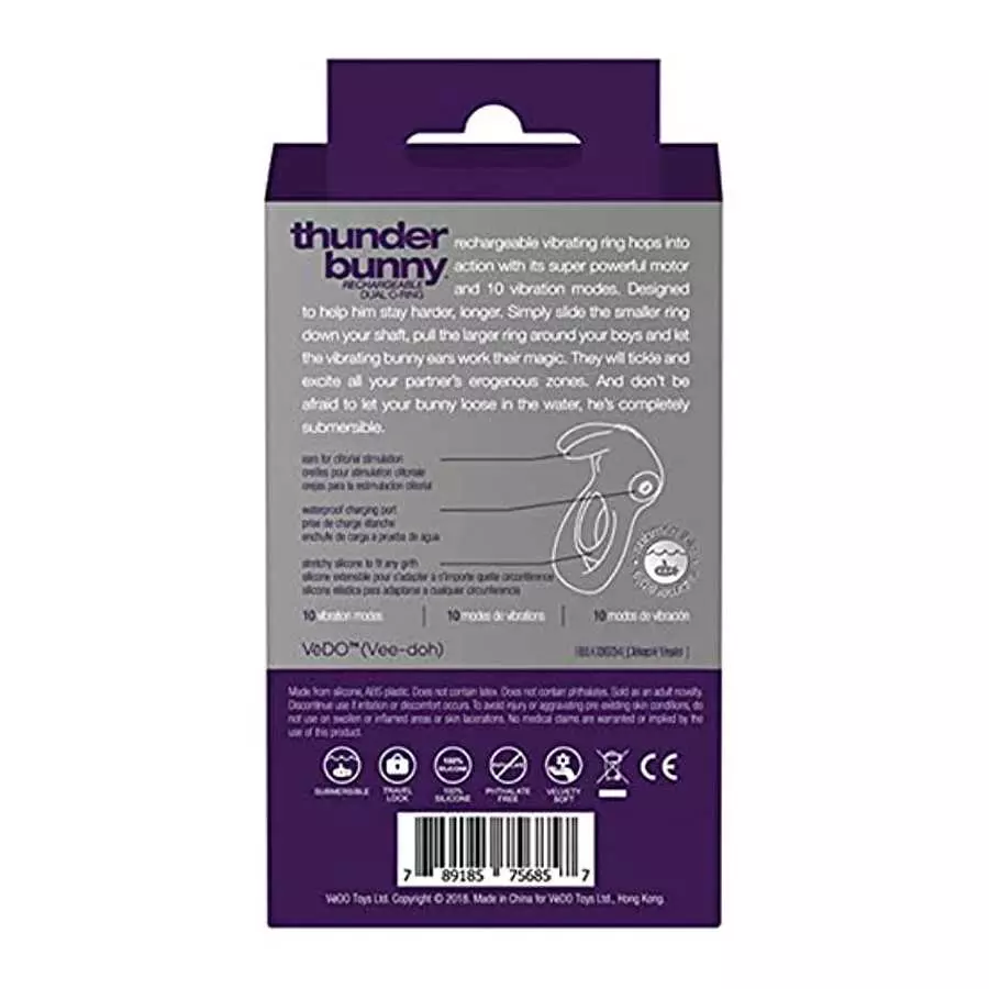 VeDO Thunder Bunny Rechargeable Vibrating Couples C-Ring, Clitoral Stimulation (Deep Purple)