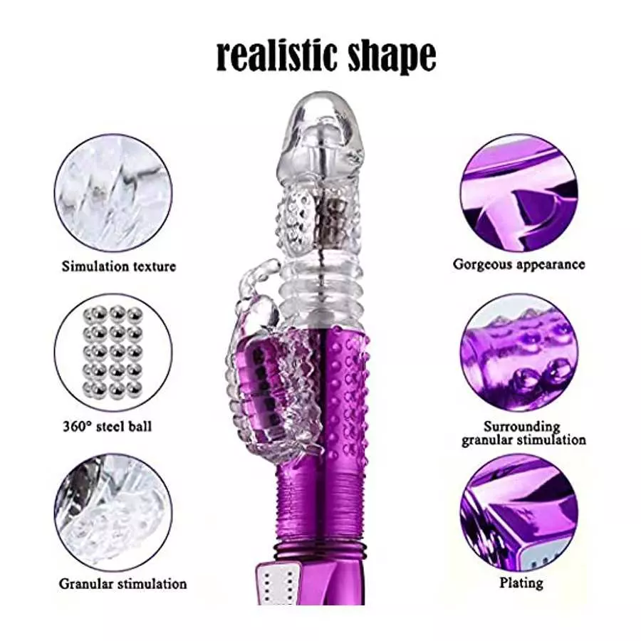 Steel Ball 360° Rotation Rabbit Adult Toy Vibrator Butterfly Clitoral Stimulator, Realistic Dildo Telescopic Excite G spot 12 Po