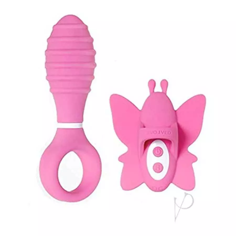 Double Date Couples Pink Set Vibrating Clitoral Butterfly Finger Ring & Anal Butt Plug