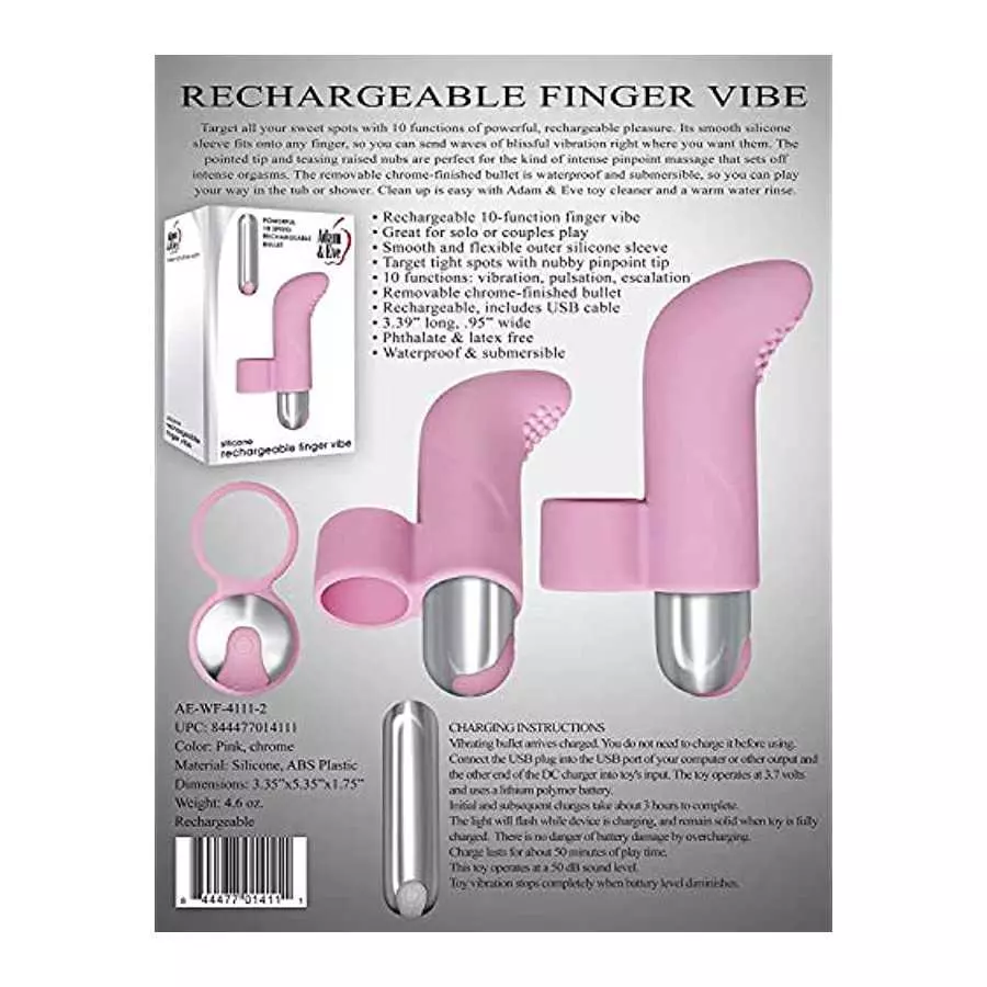 Adam & Eve Rechargeable 10-Speed Silicone Finger Vibrator, Pink | With Removable Bullet Vibrator | Waterproof and Submersible | 