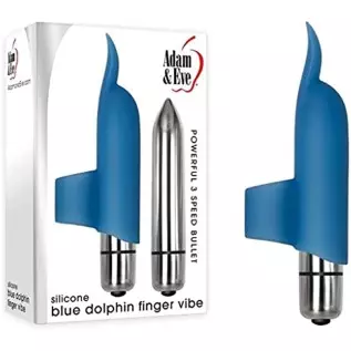 Adam & Eve Blue Dolphin Finger Vibrator with Tongue-Shaped Fin and Removable Bullet Vibrator, 4” Long | Smooth Silicone Finger V