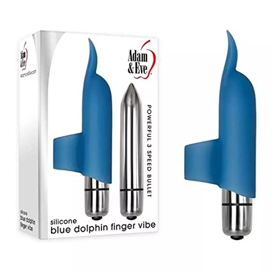 Adam & Eve Blue Dolphin Finger Vibrator with Tongue-Shaped Fin and Removable Bullet Vibrator, 4” Long | Smooth Silicone Finger V Adam & Eve Blue Dolphin Finger Vibrator with Tongue-Shaped Fin and Removable Bullet Vibrator, 4” Long | Smooth Silicone Finger V