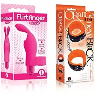 Sexy Gift Set of Flirt Finger Bunny, Finger Vibrator, Pink and Icon Brands Orange is The New Black, Love Cuffs, Wrist