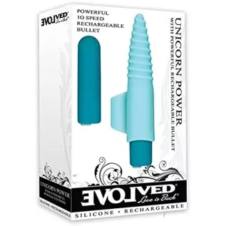 Evolved Love Is Back Unicorn Power Bullet Vibrator with Finger Sleeve, Blue