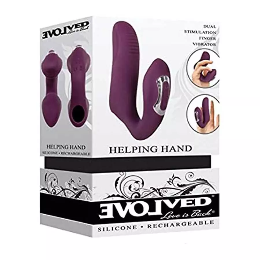 Evolved Love Is Back - Helping Hand - Dual Stimulation - Silicone Rechargeable Finger Vibrator - Plum/Purple