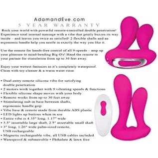 Adam & Eve - Rechargeable Dual Entry - 9 Powerful Vibrating Speeds & Functions - Hands Free with Remote Control - Silicone Vibra