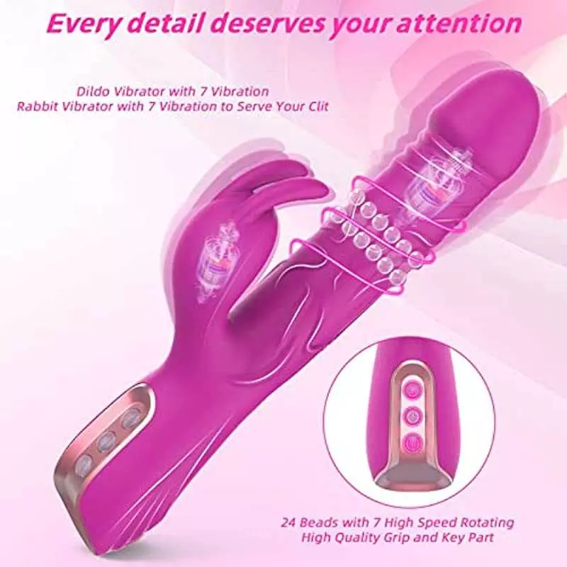 Rotating Beaded Clit Rose Rabbit Dildo Vibrator Adult Sex Toys for Women,Triple Action G Spot Vibrators with Independent Clitora