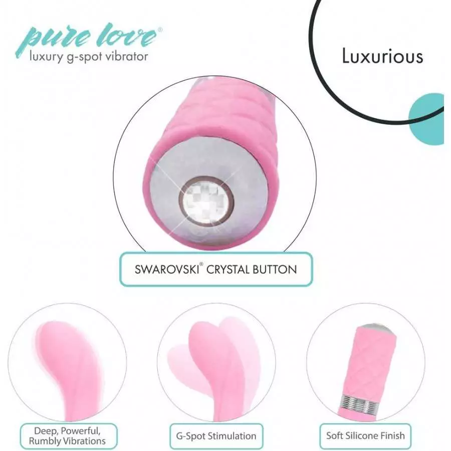 Pure Love Silicone G-Spot Vibrator Pink, Rechargeable and Multi Speed with Swarovski Crystal Button, Pretty Quilted Vibrator