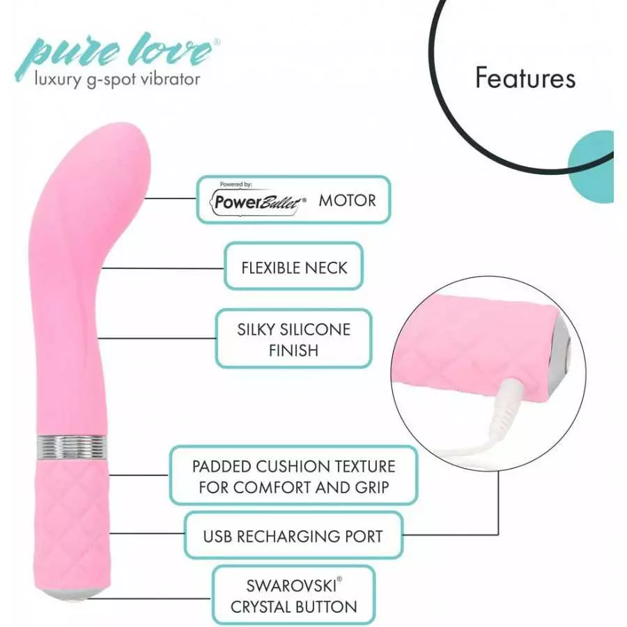 Pure Love Silicone G-Spot Vibrator Pink, Rechargeable and Multi Speed with Swarovski Crystal Button, Pretty Quilted Vibrator
