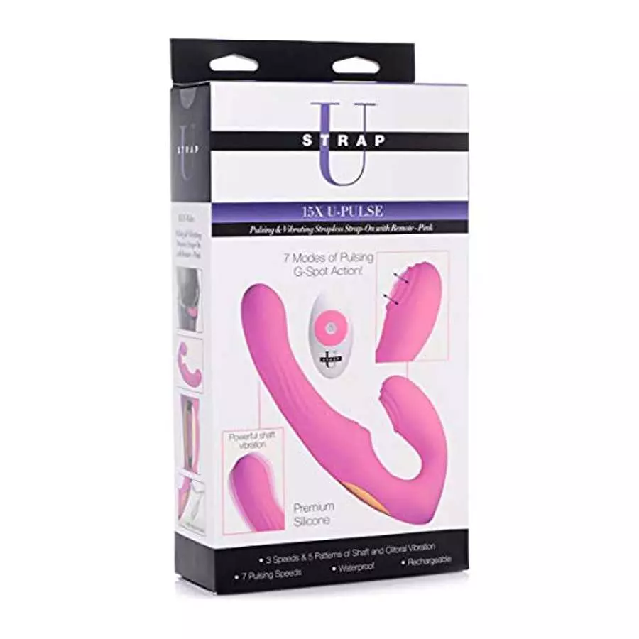 15X U-Pulse Silicone Pulsating and Vibrating Strapless Strap-on with Remote - Pink