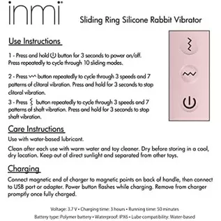 INMI 10x Bunny Sliding Ring Rabbit Vibrator G-Spot Dildo. Sex Toys for Female Pleasure & Couples Toy for Adults. Premium Silicon