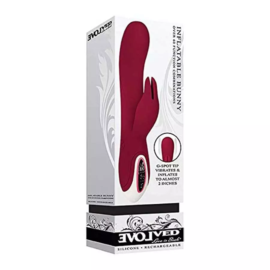 Evolved Love Is Back - Inflatable Rechargeable Silicone Bunny - G-Spot Tip Vibraties & Inflates to Almost 2 Inches - Burgundy wi