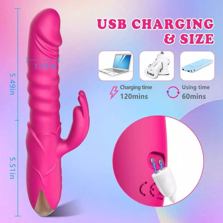 Thrusting Rabbit Vibrator, G Spot Clitoral Vibrator Waterproof & Rechargeable Realistic Silicone Dildo Vibrator with 3 Thrusting