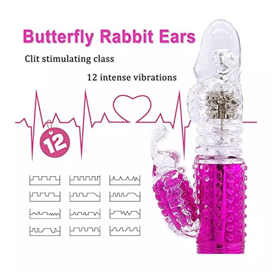 Steel Ball 360° Rotation Rabbit Vibrator, Butterfly Independent Clitoralis Stimulator, Clear Realistic Dildo Telescopic Excite G