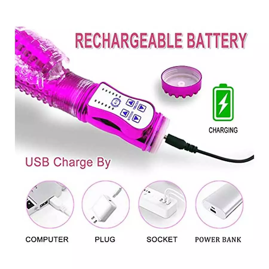 Steel Ball 360° Rotation Rabbit Vibrator, Butterfly Independent Clitoralis Stimulator, Clear Realistic Dildo Telescopic Excite G